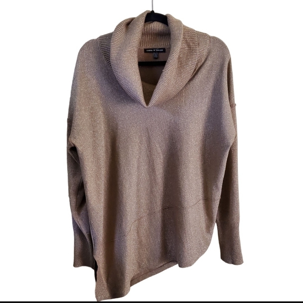 Cable & Gauge Gold Metallic Cowl Neck Asymetrical Hem Sweater Size XL